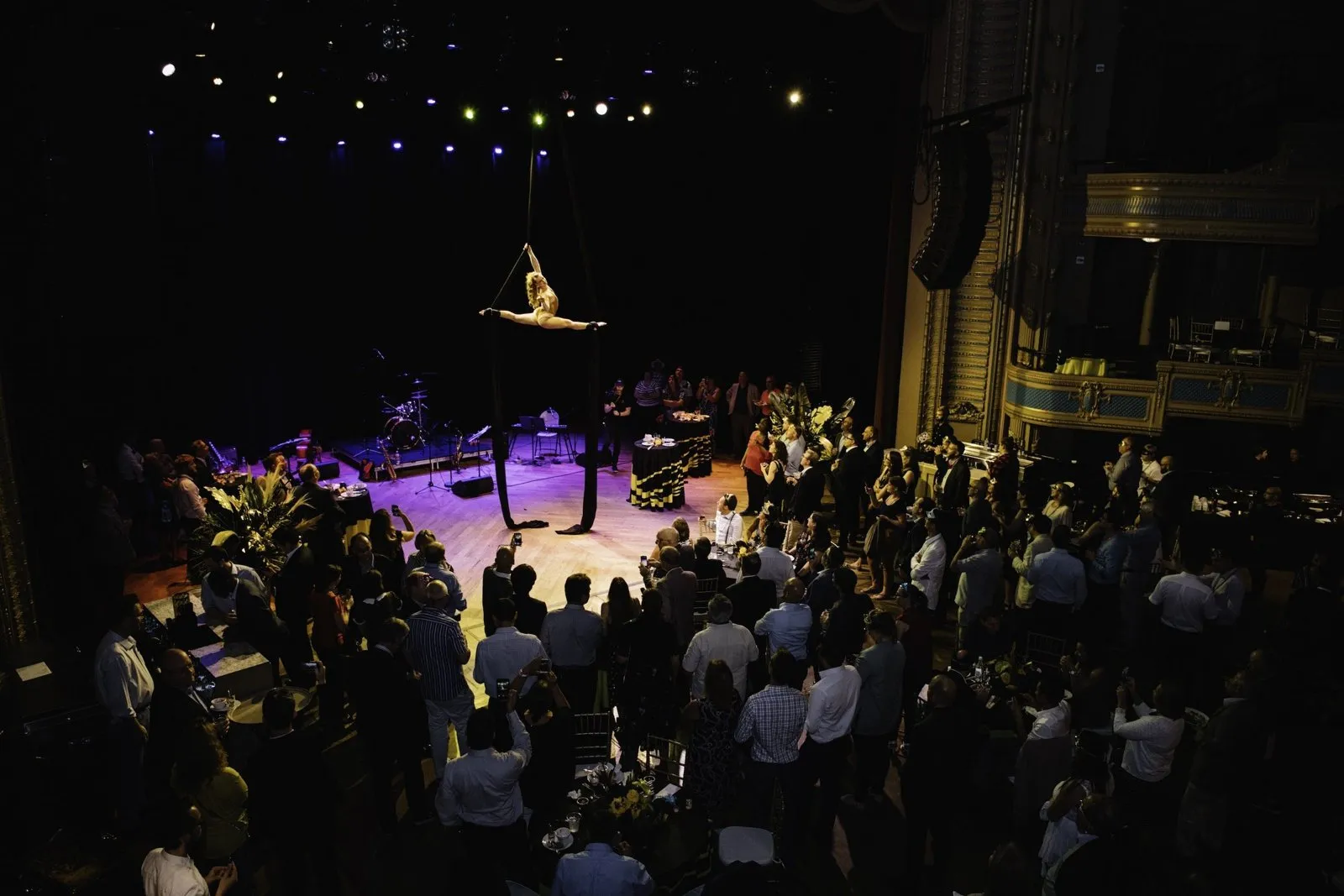 Aerialist performing above guests at a New Orleans event