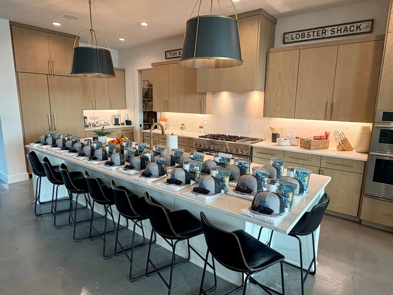 Long table set with gift bags for an RCC sales group