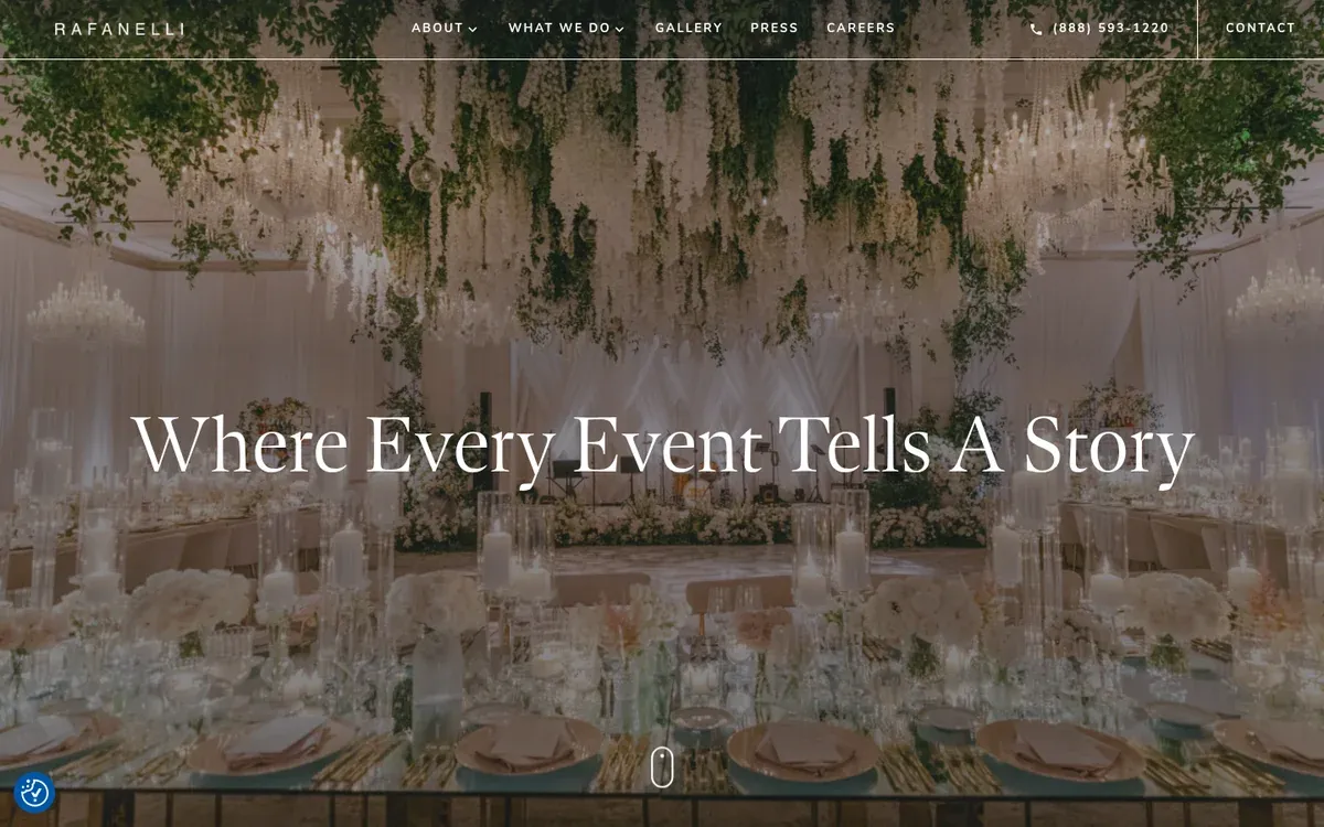 Rafanelli Events homepage hero with the headline Where Every Event Tells A Story over a ballroom set with long tables, candles, white florals and hanging greenery under chandeliers