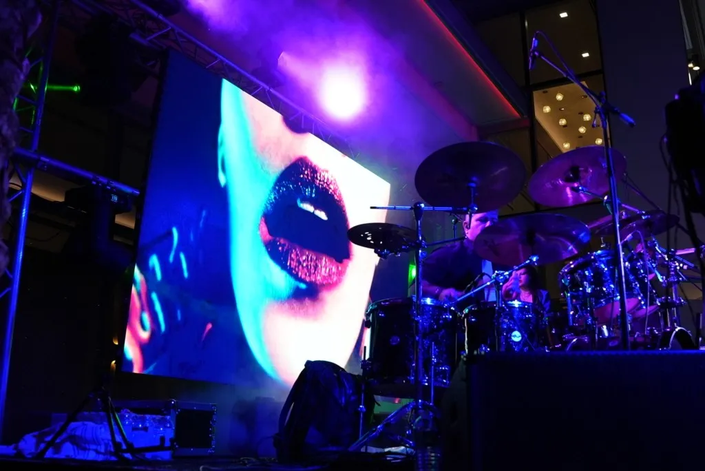 Concert stage with an LED video wall and drum kit