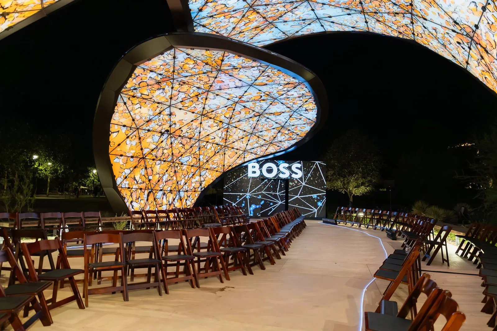 Illuminated geodesic installation and seating for the Hugo Boss fashion activation in San Antonio, produced by JAWS AVL
