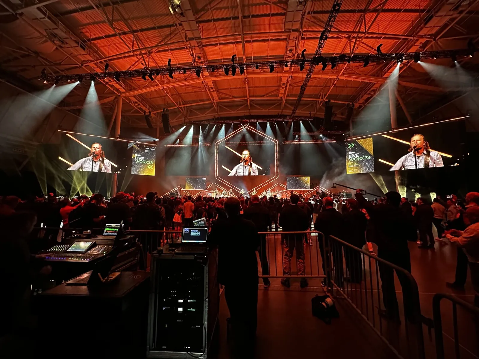 General session stage with lighting rig and production desk