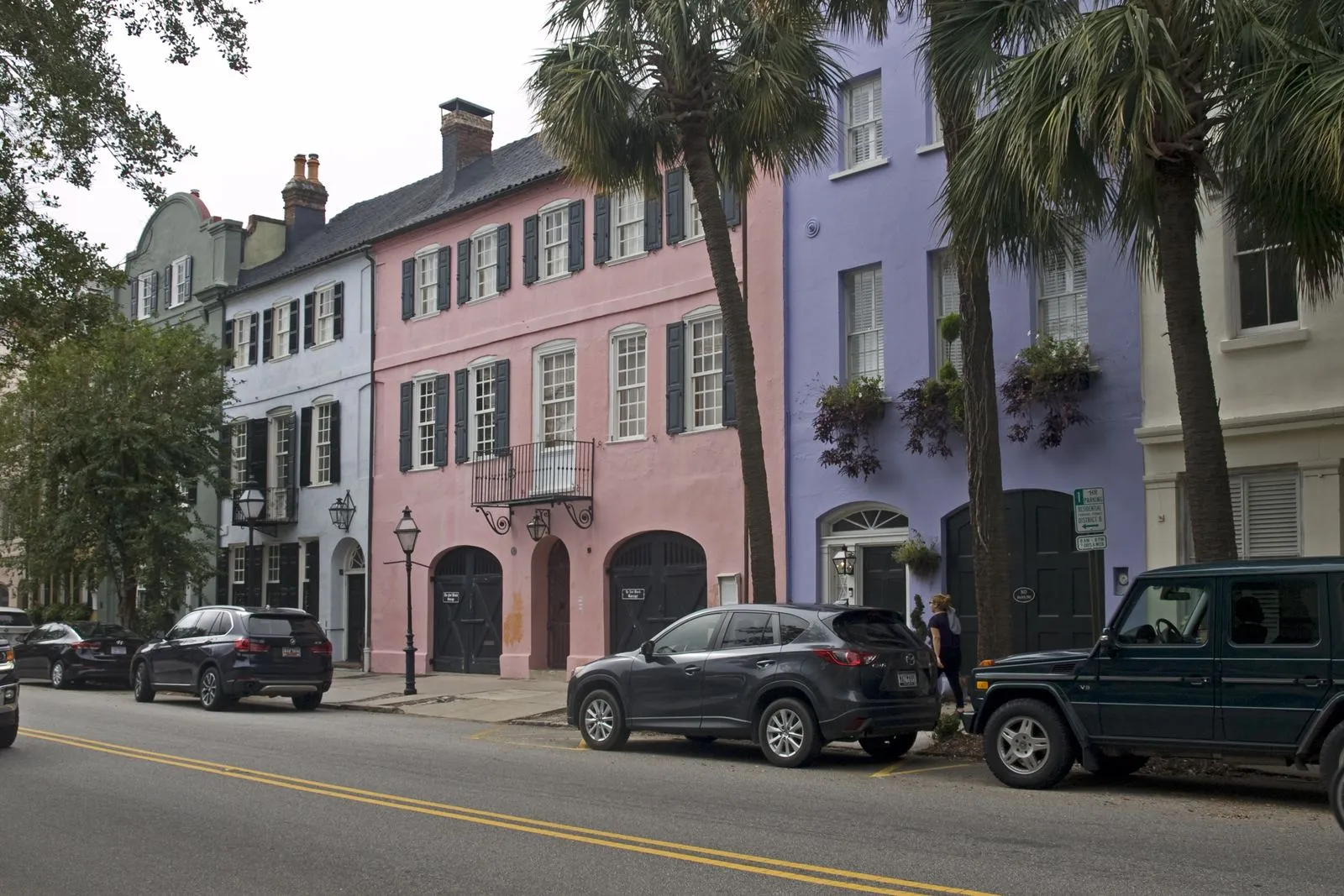 Pastel townhouses of Rainbow Row, Charleston.