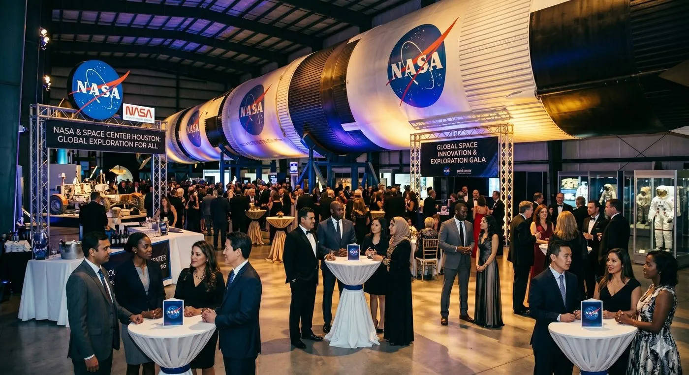 Corporate reception among space exhibits with guests standing in groups
