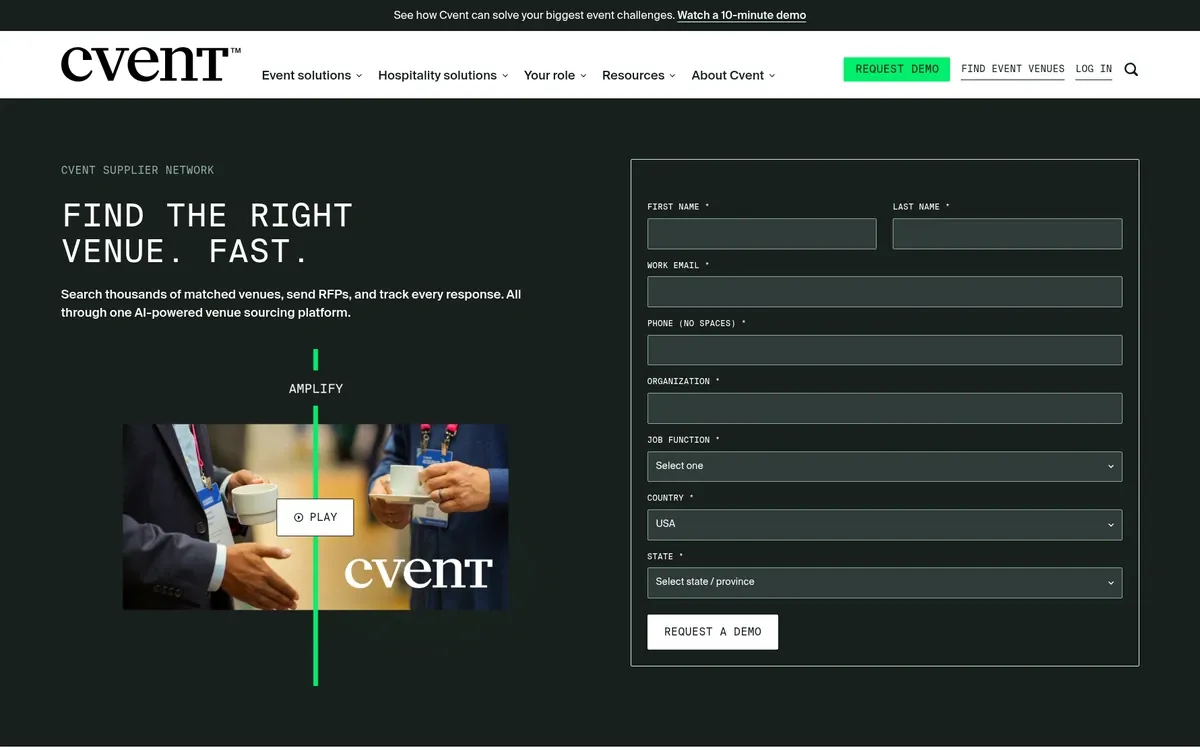 Cvent's Supplier Network page shows the headline "FIND THE RIGHT VENUE. FAST." with a line about searching matched venues, sending RFPs and tracking responses on one AI-powered platform. A video thumbnail of two attendees holding coffee cups sits on the left, and an empty "Request a Demo" form fills the right side.