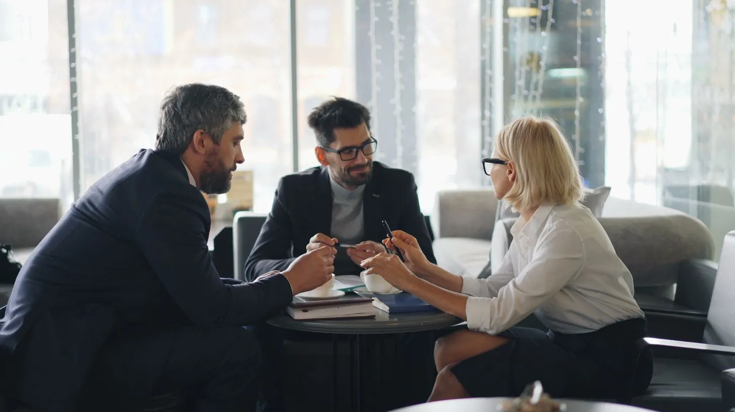 Three colleagues lean in over a small table with coffee cups and notebooks as they talk through leadership retreat topics.
