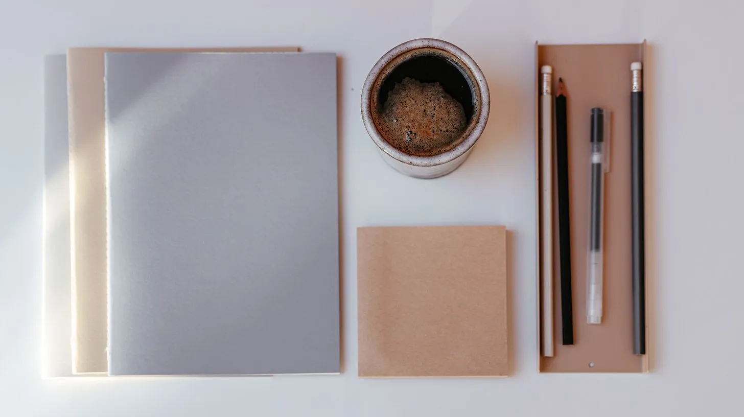 Blank notebooks, a kraft notepad, pencils and a pen in a tray sit neatly beside a cup of coffee, laid out like a set of sales kickoff swag.