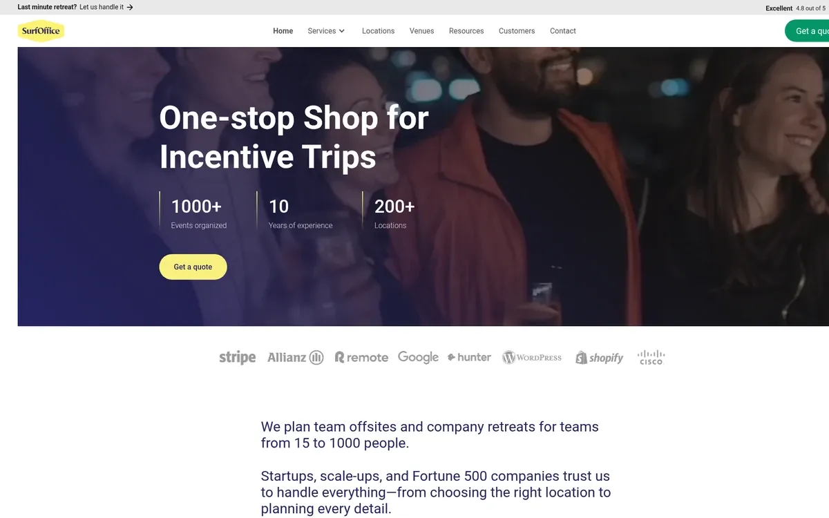 The Surf Office homepage shows the headline "One-stop Shop for Incentive Trips" over a purple-tinted photo of smiling people at an evening event, with statistics for events, years and locations and a yellow "Get a quote" button. A gray top bar, a navigation row and a row of gray customer logos frame the hero, and a short paragraph about team sizes sits below.