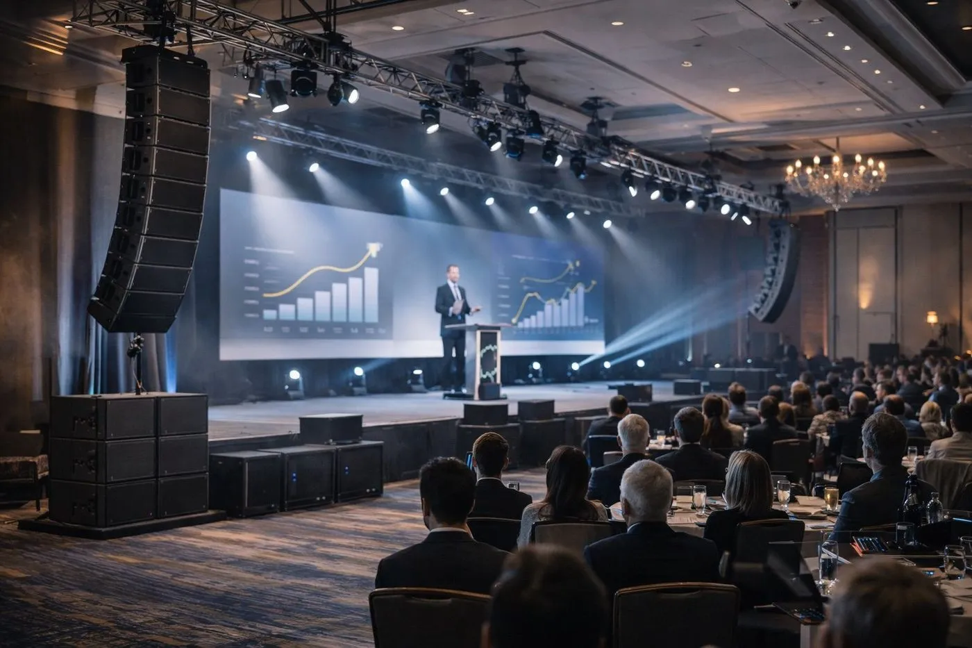 Speaker at a podium in front of a presentation screen with speaker arrays flown either side
