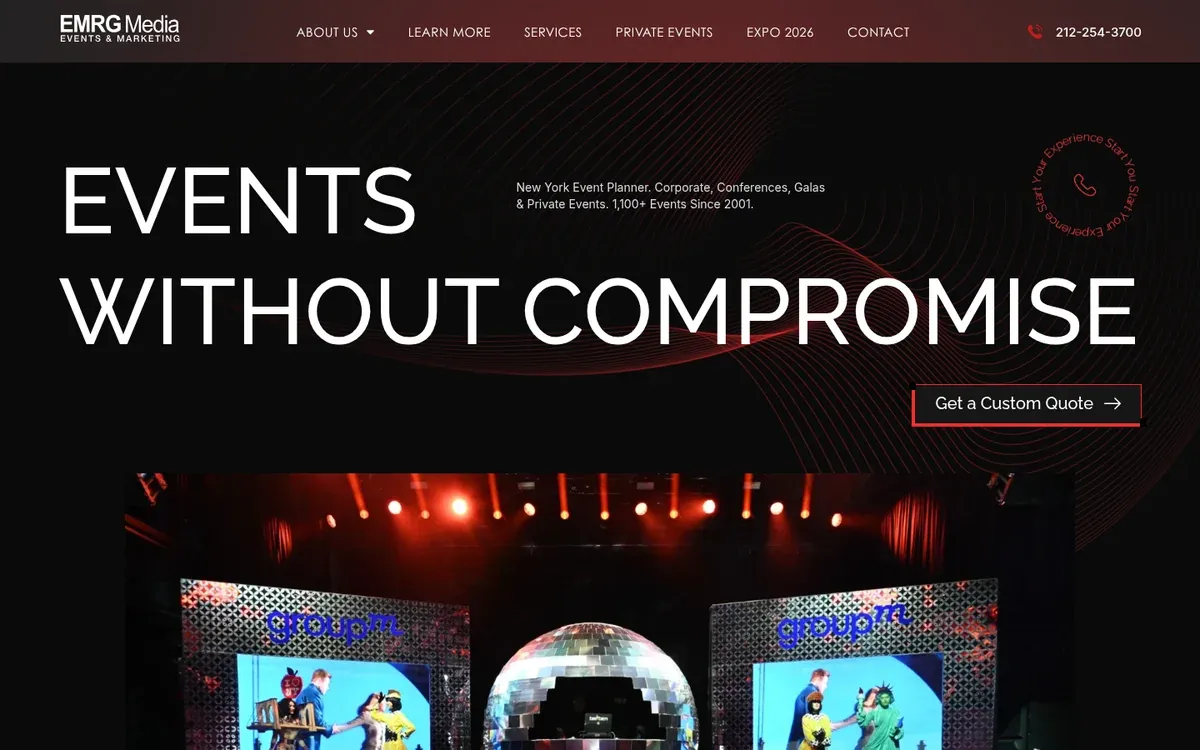 EMRG Media homepage hero with the headline Events Without Compromise on a black background, the line New York Event Planner, Corporate, Conferences, Galas and Private Events, a Get a Custom Quote button, and a lit stage with a mirror ball between two branded video screens