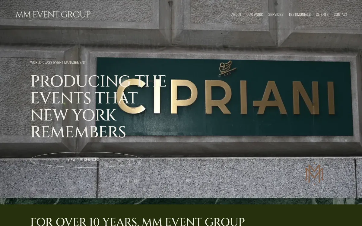 MM Event Group homepage hero with the headline Producing the events that New York remembers over a photo of a gold Cipriani sign on a stone facade, with a View our services button