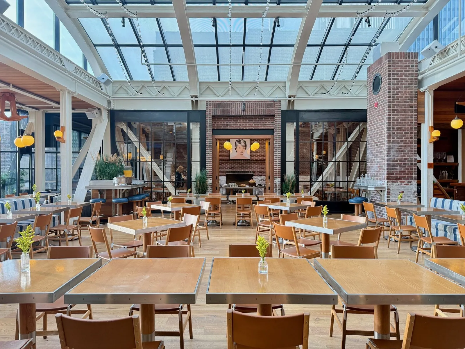 Cindy's rooftop under its glass ceiling, set for an agency kickoff breakfast in Chicago