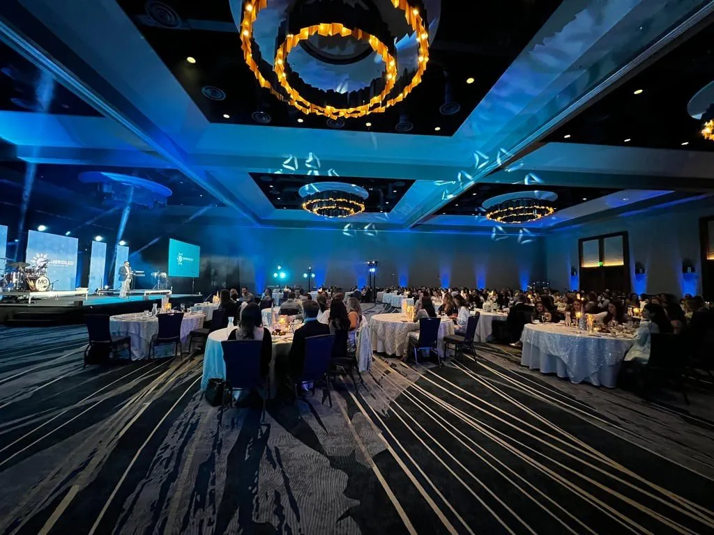 Hotel ballroom set with round tables for a company dinner