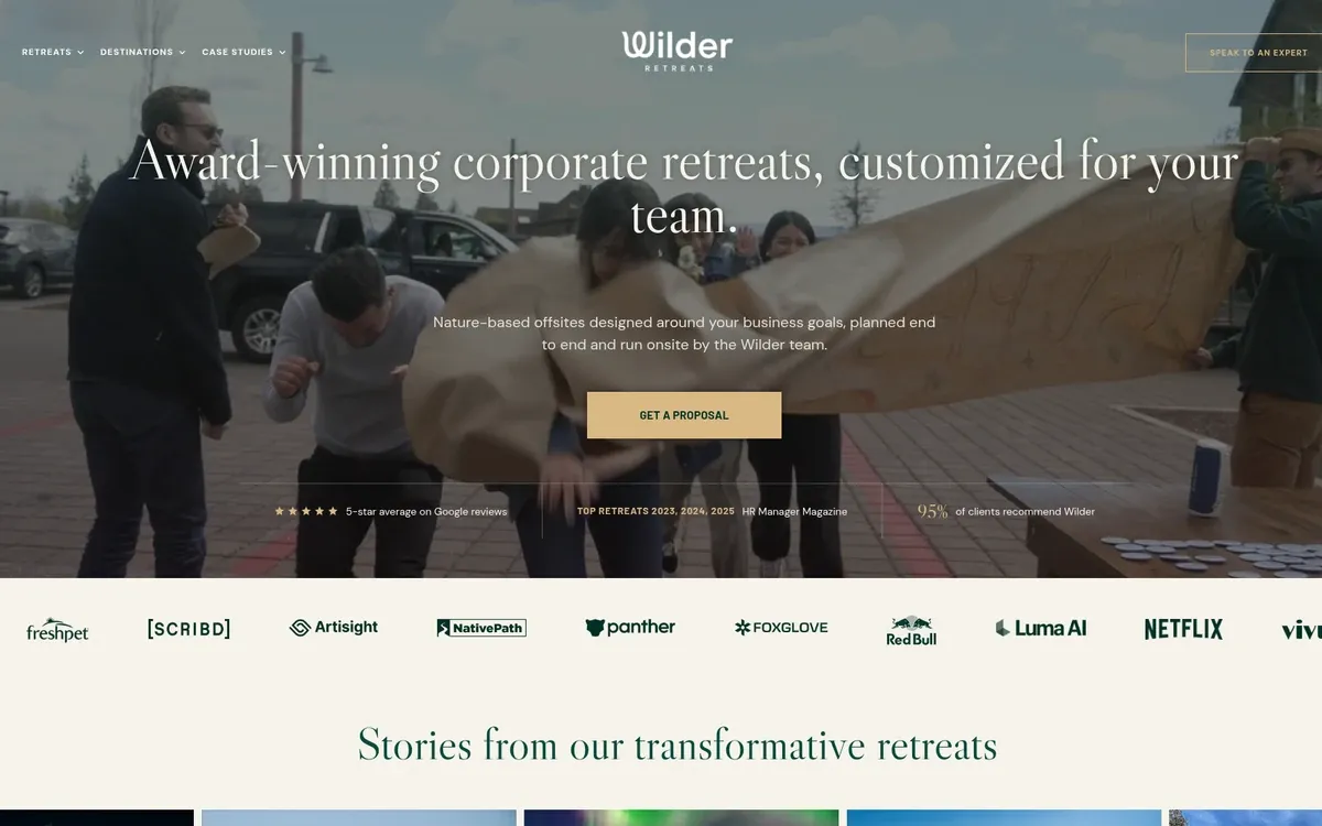 The Wilder Retreats homepage shows the headline "Award-winning corporate retreats, customized for your team." centered over a photo of a group outdoors pulling a large sheet of brown paper in a parking area. A gold "Get a proposal" button, a strip of review stats and a row of customer logos sit below, followed by the heading "Stories from our transformative retreats".
