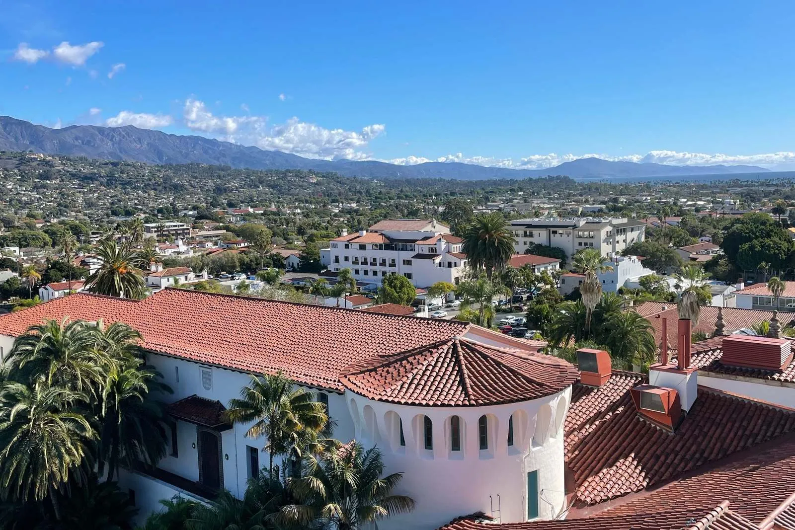 Red tile roofs of Santa Barbara below the Santa Ynez Mountains.