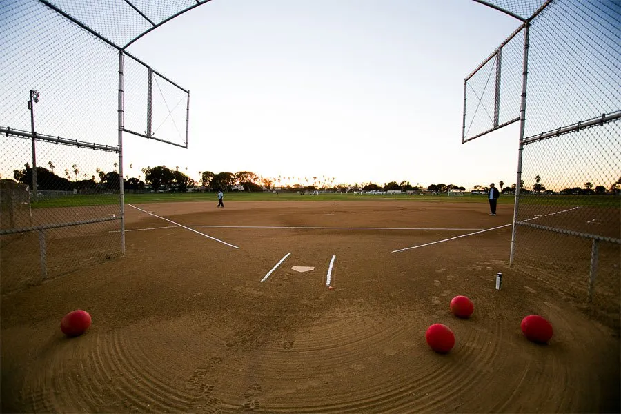 Kickball field set up for a company team-building tournament in San Diego