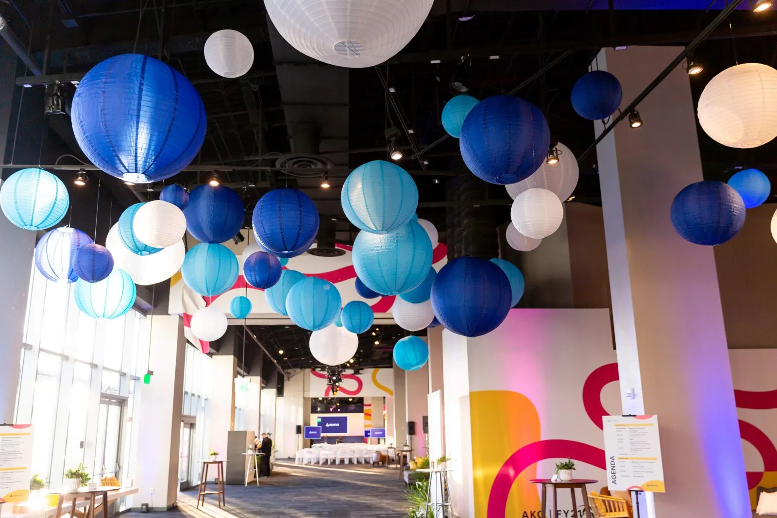 Colorful lantern installation at Asana's all-hands meeting in San Francisco
