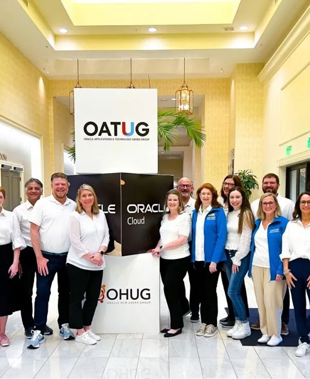 Event team standing together at a conference registration entrance