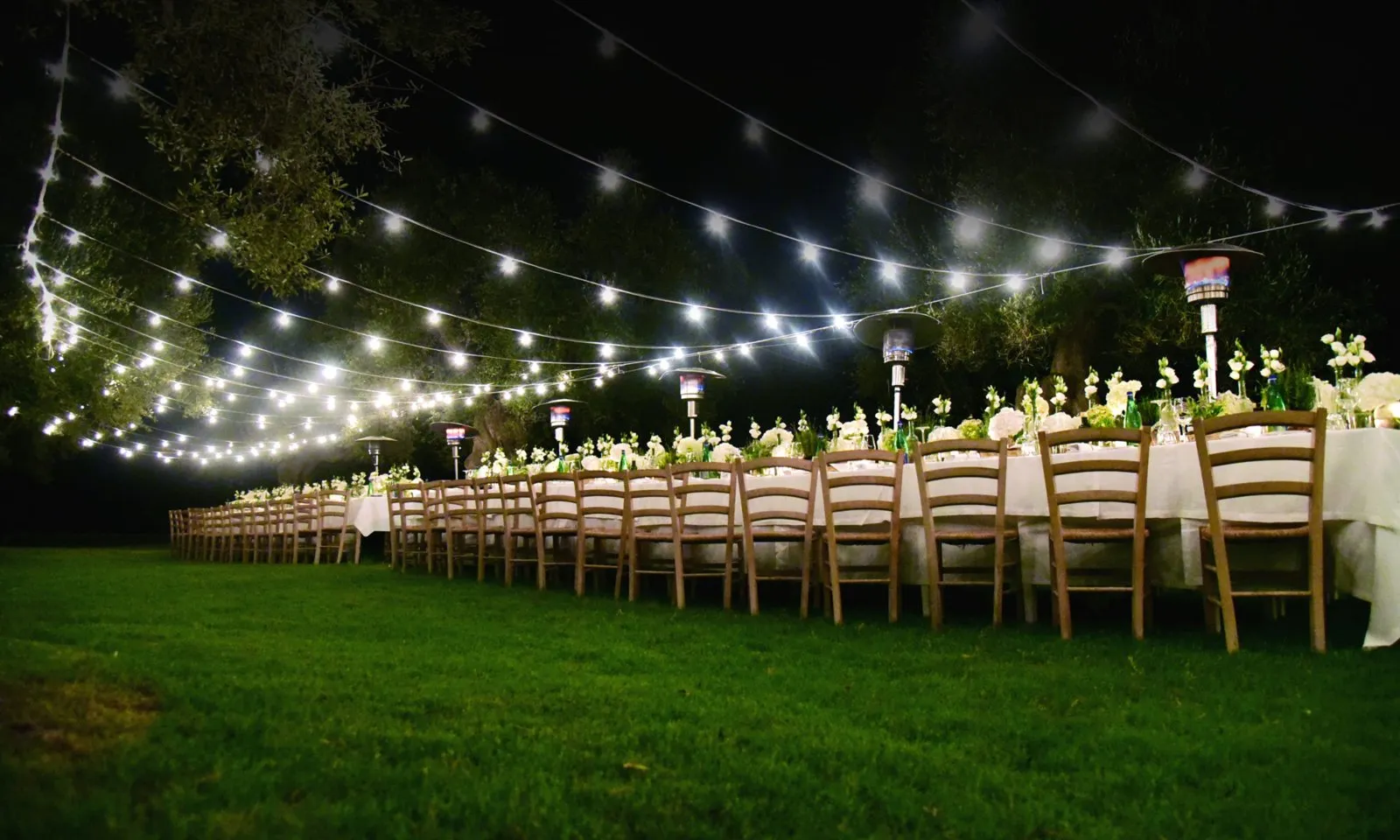 Long outdoor dinner table on a lawn under strings of lights
