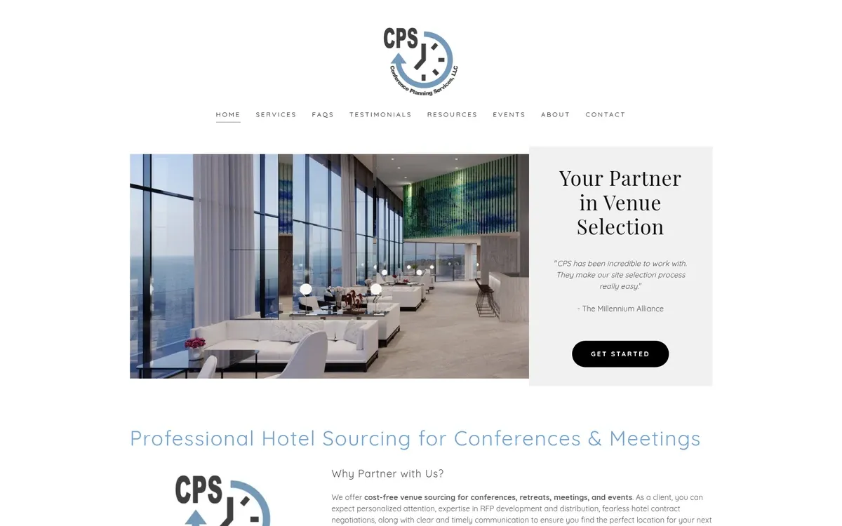 The Conference Planning Services homepage shows the headline "Your Partner in Venue Selection," set in a gray panel with a client quote and a "Get Started" button. To the left, a photo shows a bright high-rise hotel lounge with white sofas and floor-to-ceiling windows over the sea.