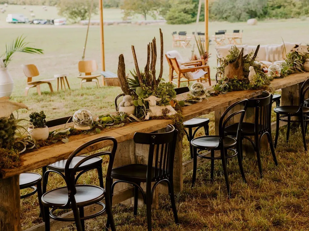 Long outdoor dining table with chairs set up for a hosted dinner