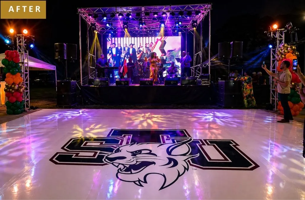Stage with a lit St. Thomas University logo dance floor for the Havana Nights donor celebration