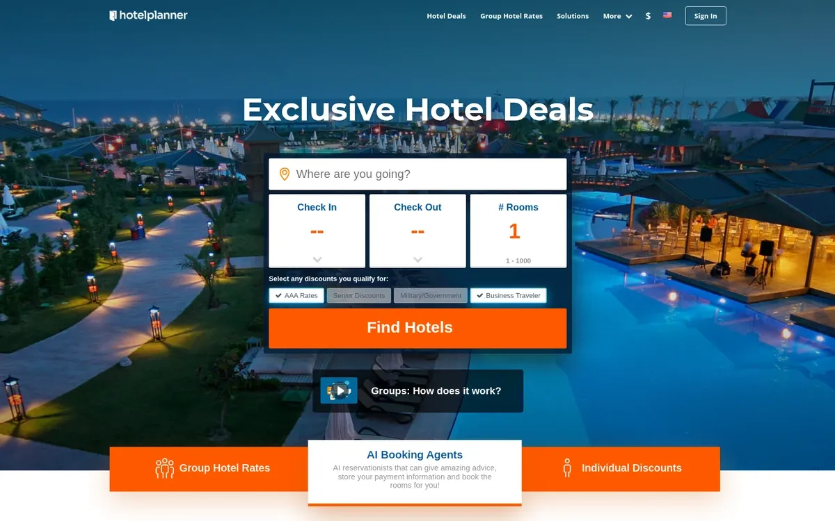 The HotelPlanner homepage shows the headline "Exclusive Hotel Deals" above a search box for destination, dates and rooms with an orange "Find Hotels" button. The background is an aerial view of a resort at dusk with lit paths, a pool and a terrace bar, and orange tabs for group rates, AI booking agents and individual discounts.