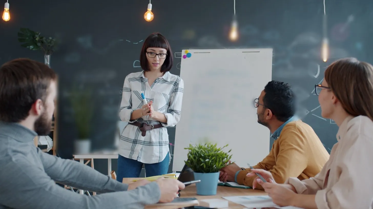 A leadership retreat facilitator stands beside a whiteboard while three colleagues listen around a table.