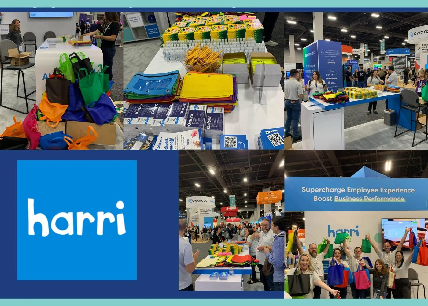 Collage of expo booths with colorful displays at a trade show