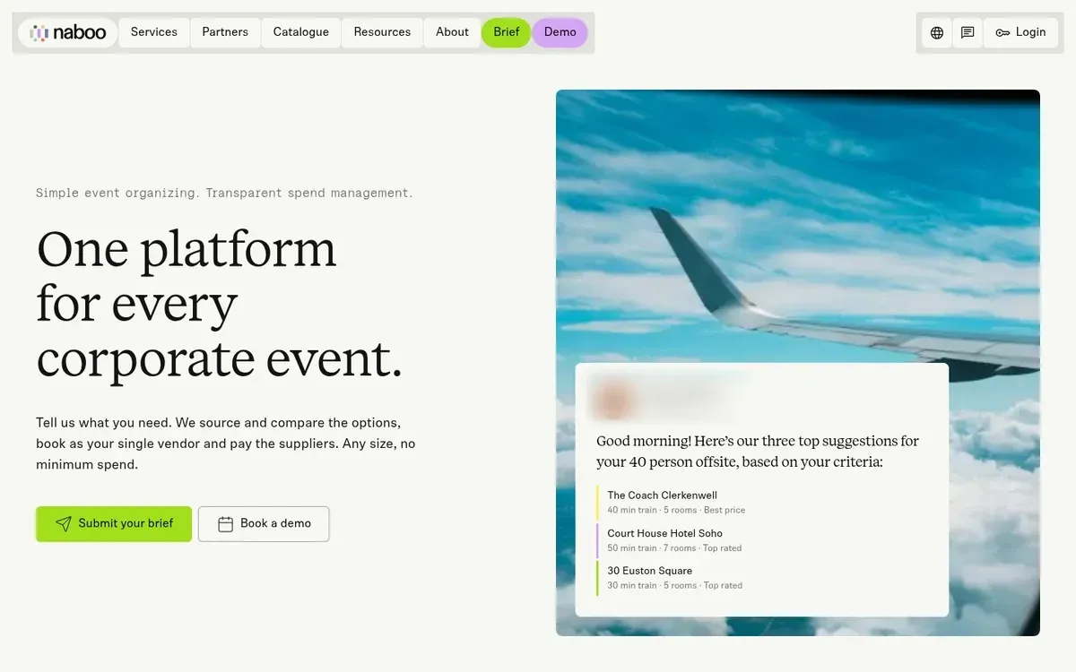 Naboo homepage hero with the headline One platform for every corporate event, a line about sourcing and comparing options, booking as a single vendor and paying suppliers, Submit your brief and Book a demo buttons, and a sample chat card with three venue suggestions over a photo of an airplane wing above clouds