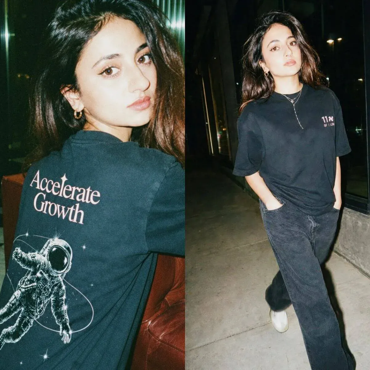 Two photos of a woman in a black tee: the back carries a large line-art astronaut illustration with a short line of text, and the front has a small mark on the chest