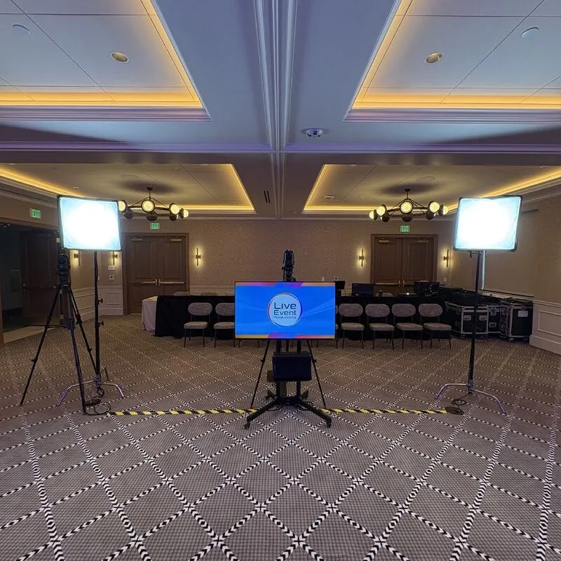 Ballroom set up with lighting, a camera and a confidence monitor before guests arrive