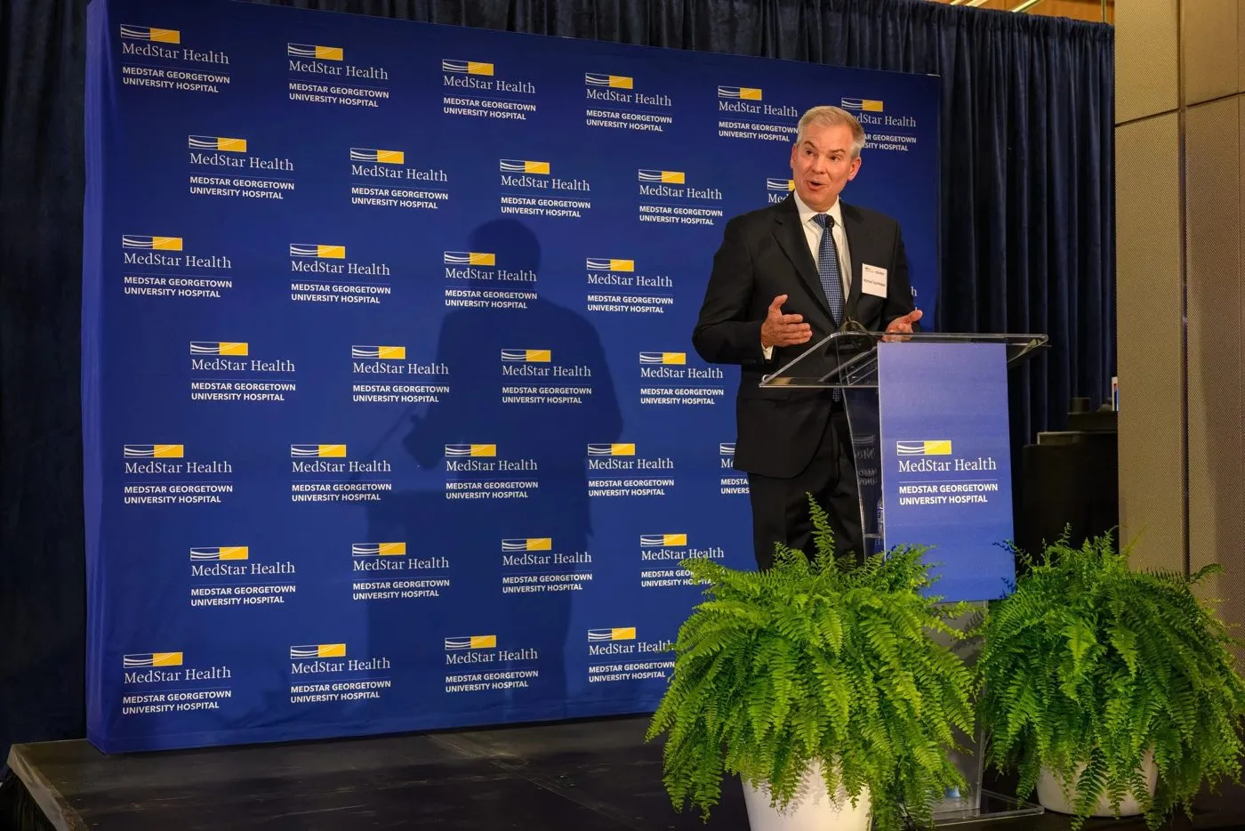 Speaker at a podium in front of a sponsor logo backdrop with ferns