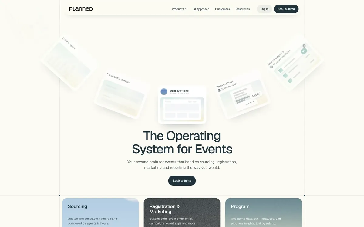 The Planned homepage shows the headline "The Operating System for Events" with the line "Your second brain for events that handles sourcing, registration, marketing and reporting the way you would." Floating product cards for reports, savings, event sites and contracts surround it, and a "Book a demo" button sits below.