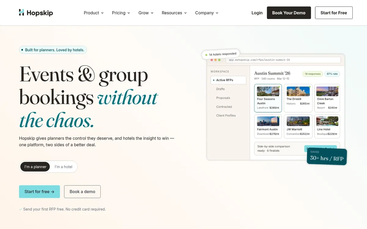 The Hopskip homepage shows the headline "Events & group bookings without the chaos." with planner and hotel toggles and "Start for free" and "Book a demo" buttons. On the right, a product mockup lists hotel proposals for an "Austin Summit '26" RFP with photos and nightly rates.