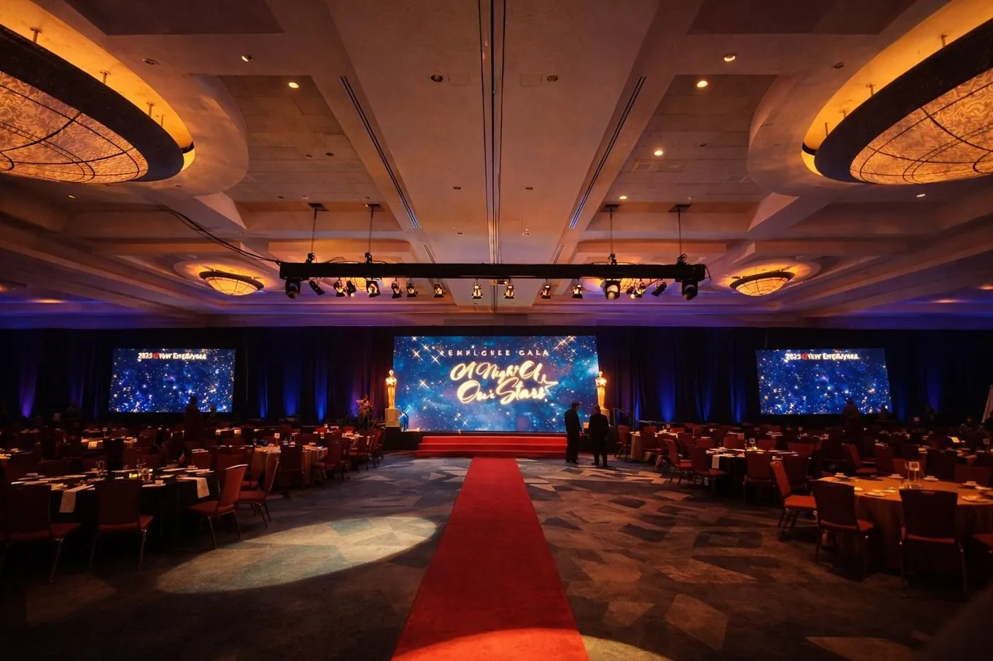 Ballroom with round tables, a red carpet aisle and a central LED screen for an employee gala