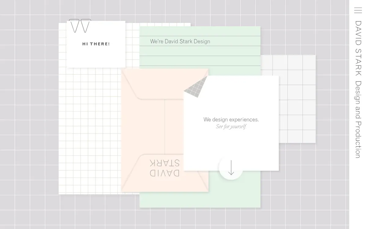 David Stark Design and Production homepage with a vertical wordmark at the right and a collage of paper notes on a gray grid, with cards reading Hi there!, We're David Stark Design and We design experiences. See for yourself, above an envelope printed David Stark