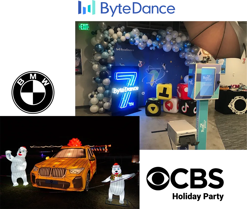 Timeline collage of the CBS holiday party, ByteDance 7th anniversary and BMW activation