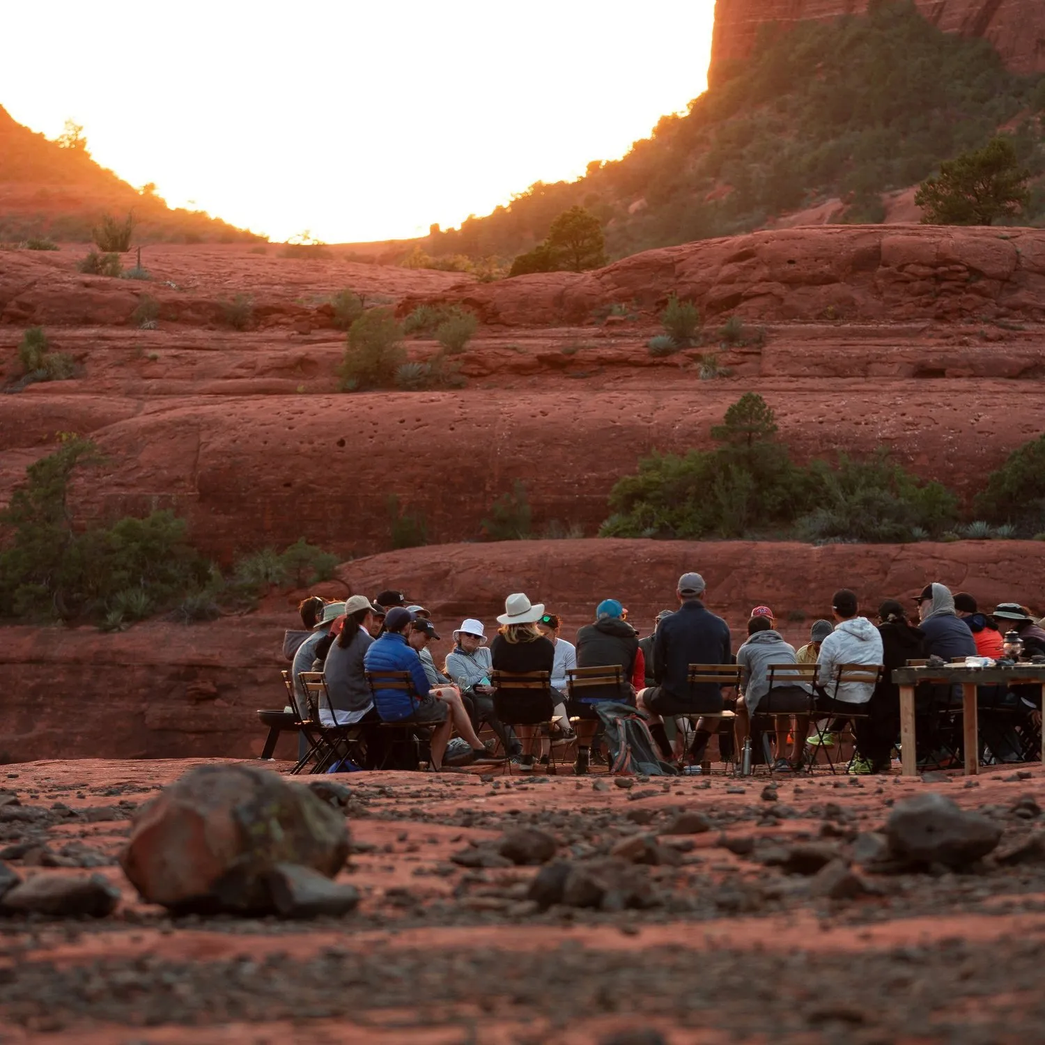 Retreat dinner at sunset in the Sedona red rocks