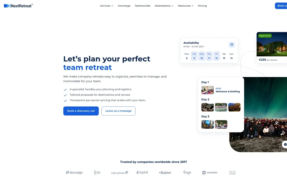The NextRetreat homepage shows the headline "Let's plan your perfect team retreat", with "team retreat" in blue, above three checklist points and two buttons. On the right, floating cards show availability dates, a venue price card and a three-day plan beside a photo of a large group under the northern lights, with customer logos below.