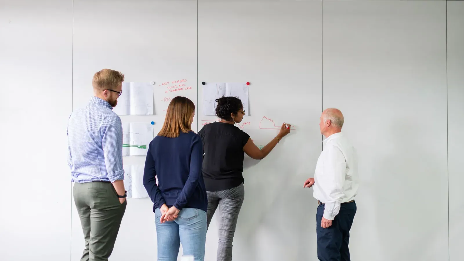 Four colleagues stand at a white wall, adding paper notes to a workshop board during a planning session.