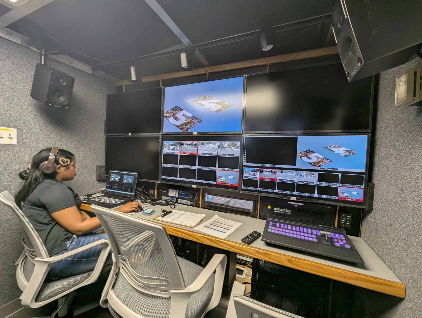 Crew inside the outside broadcast truck control room