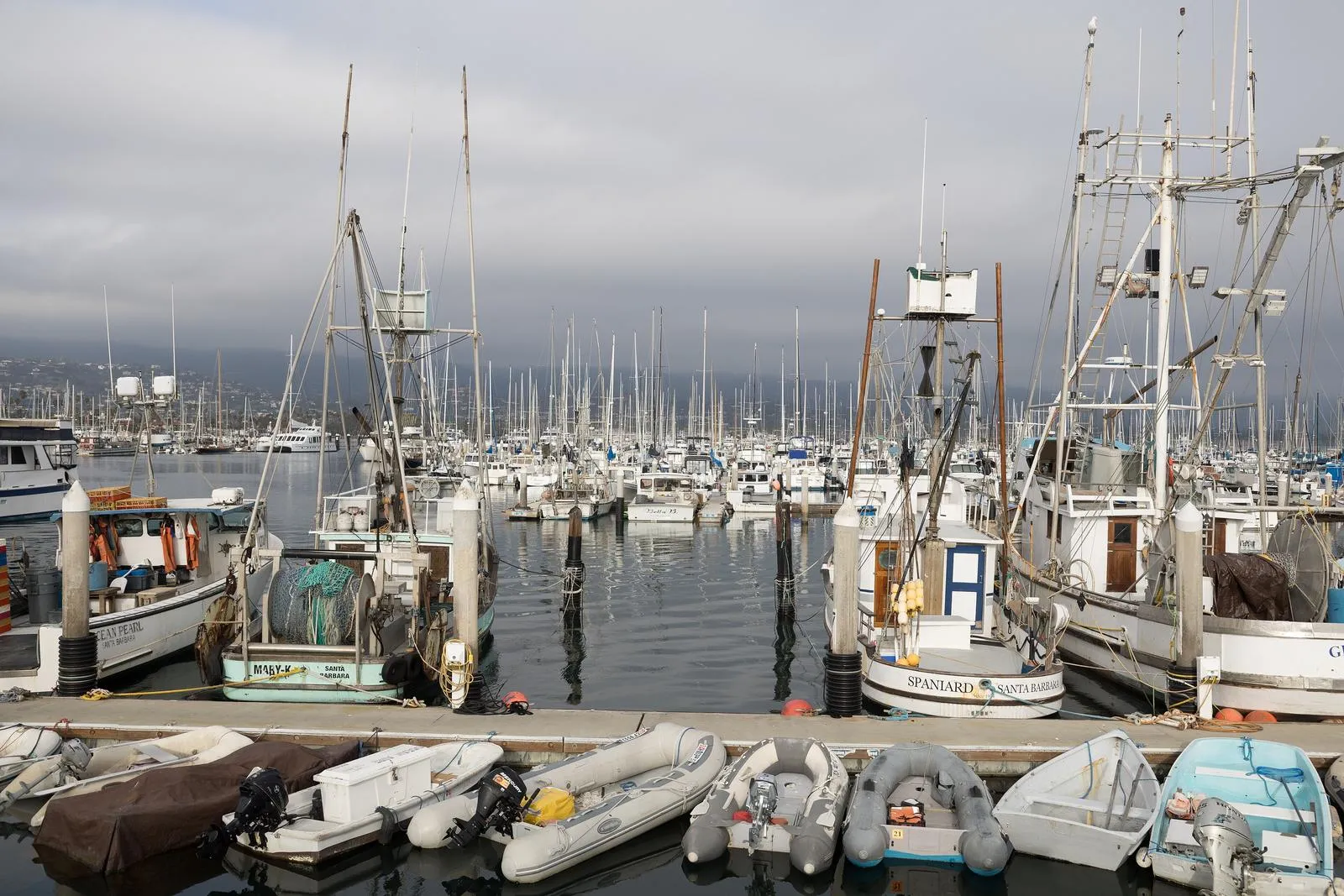Fishing boats and sailboats moored in Santa Barbara Harbor.
