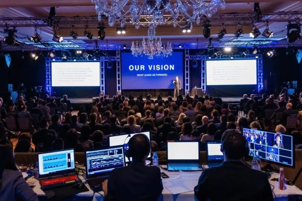 Production desk and screens facing a large audience at an all hands meeting