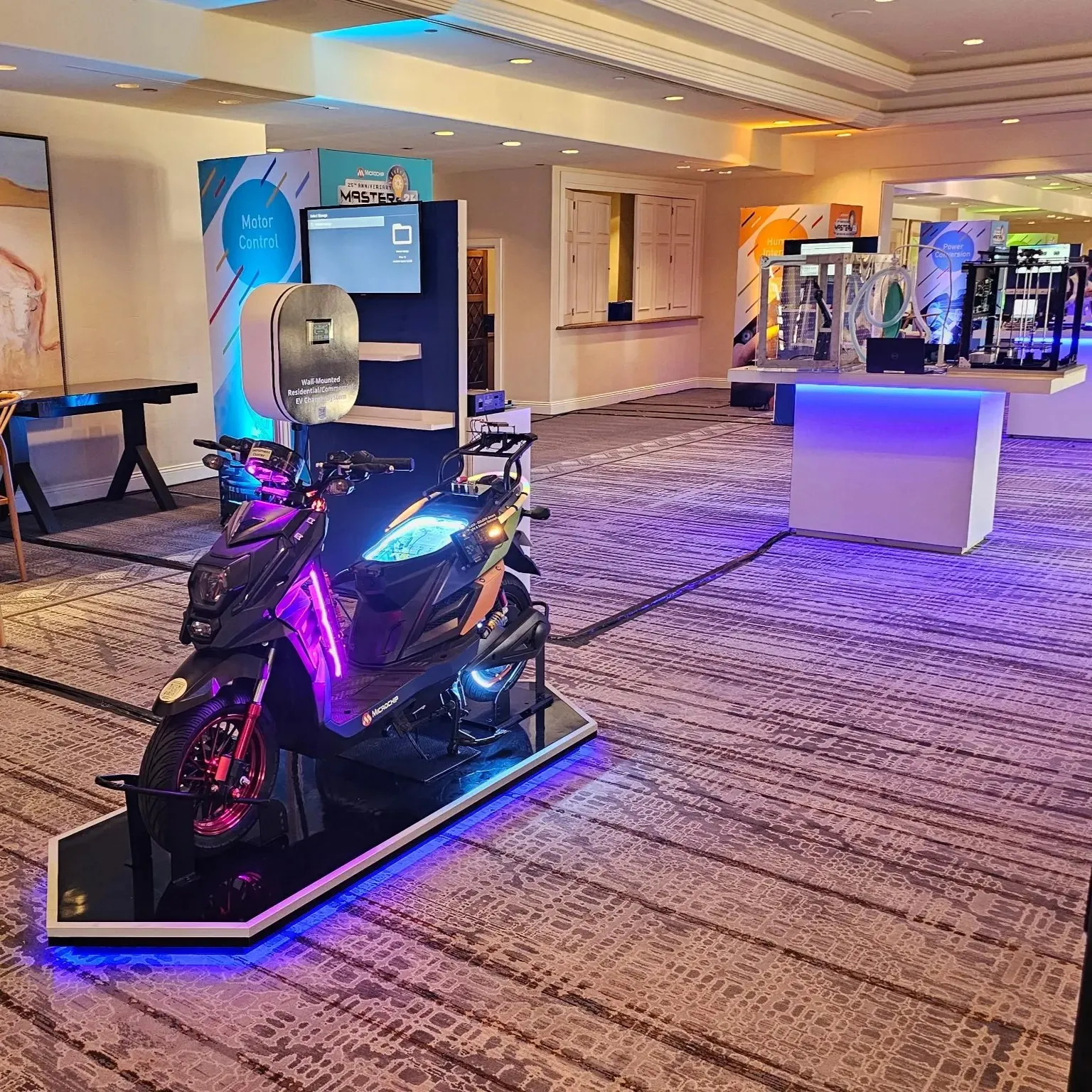 Lit product display platform in a hotel event space