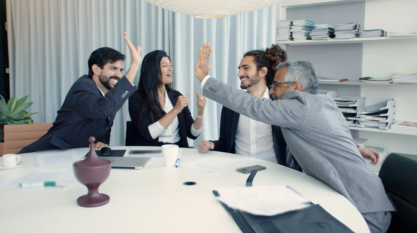Four colleagues trade high fives around a white meeting table in a bright room during a company kickoff breakout.
