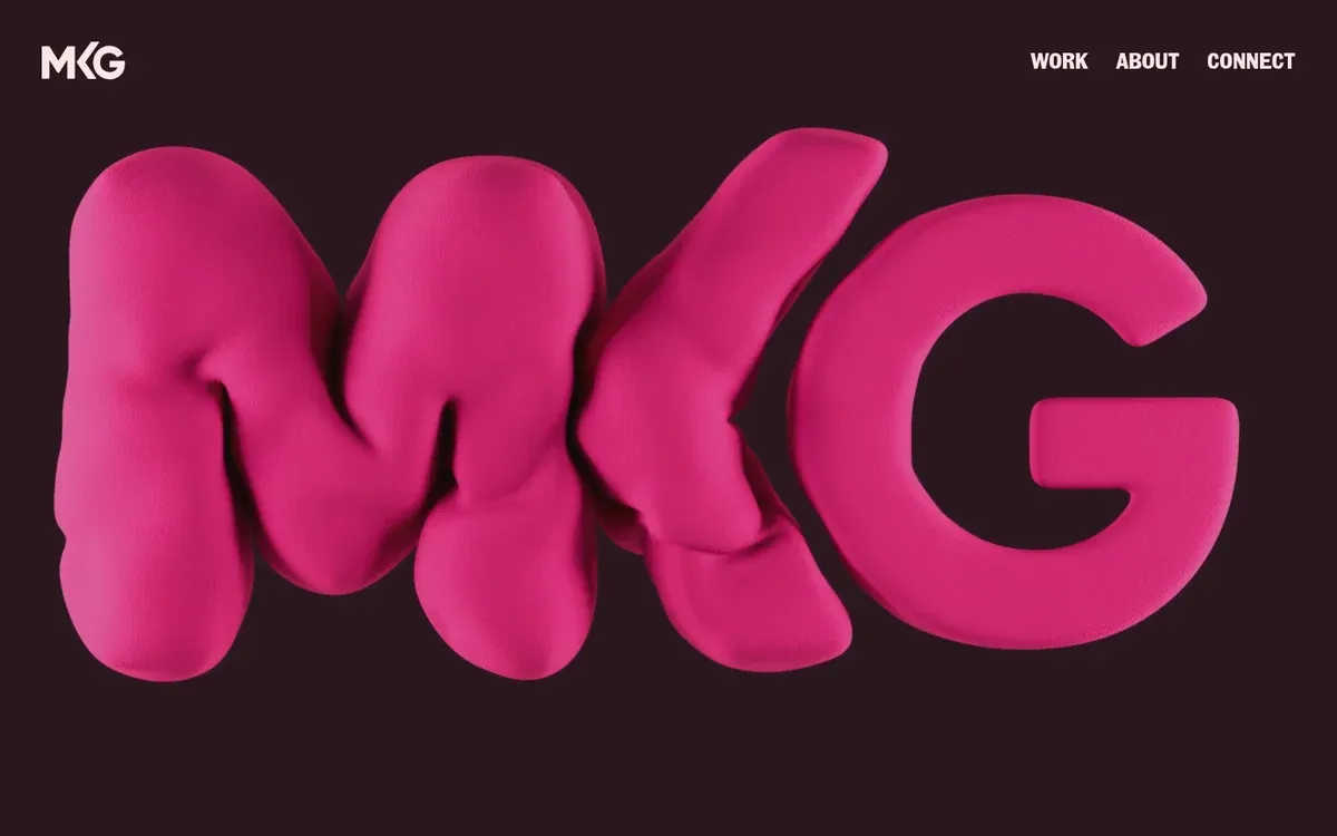 MKG homepage hero showing the MKG wordmark as huge, puffy pink inflated-looking letters on a dark plum background, with Work, About and Connect links