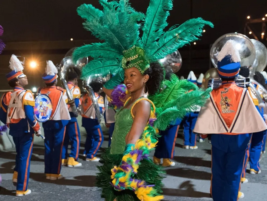 Costumed Mardi Gras performers and marching band at a group event