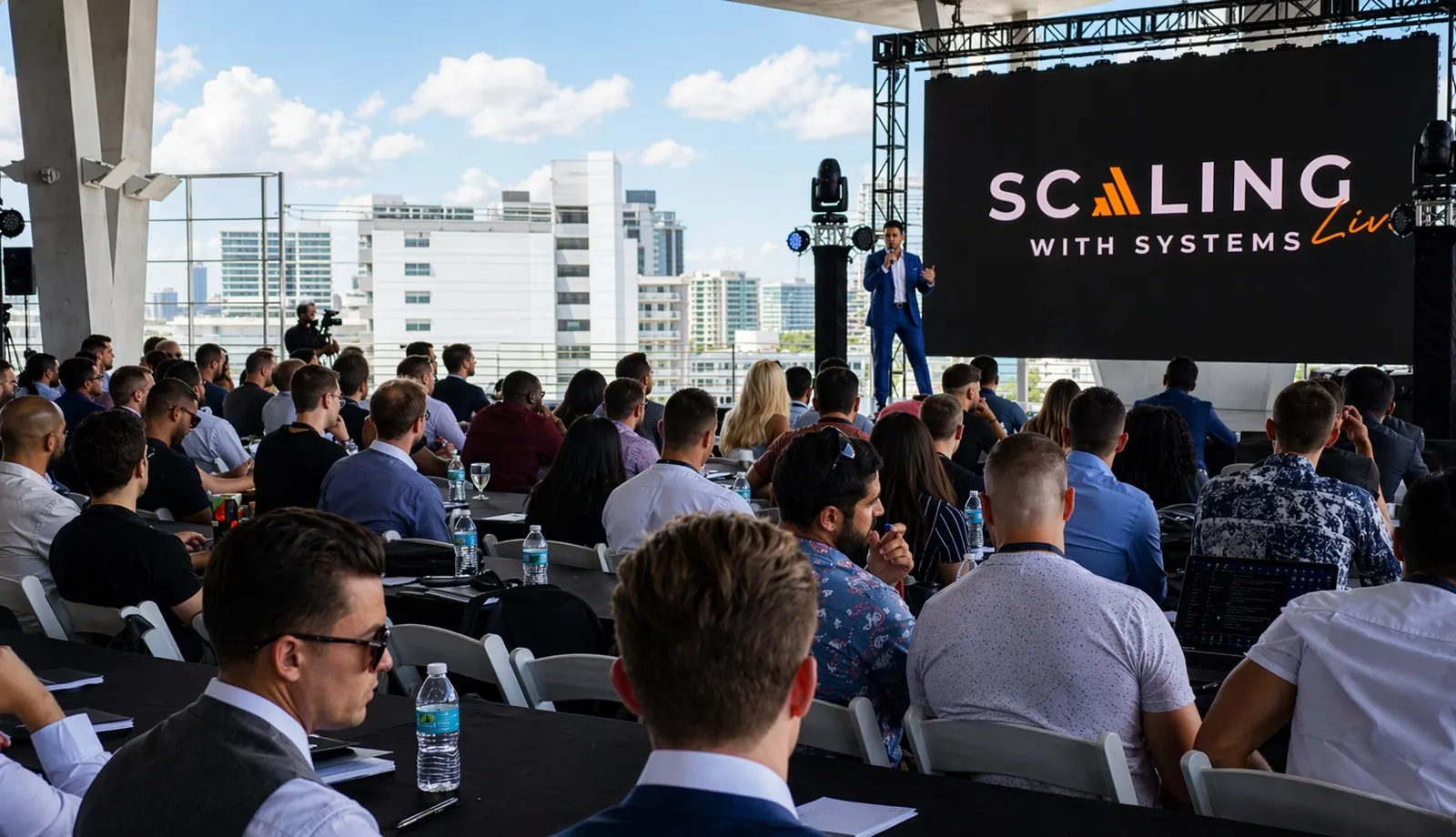 Attendees seated in front of a Scaling With Systems stage screen at an open-air conference in Miami Beach