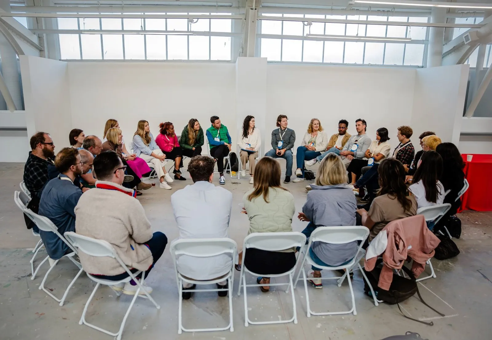Breakout circle in a Fort Mason venue during Watershed's offsite